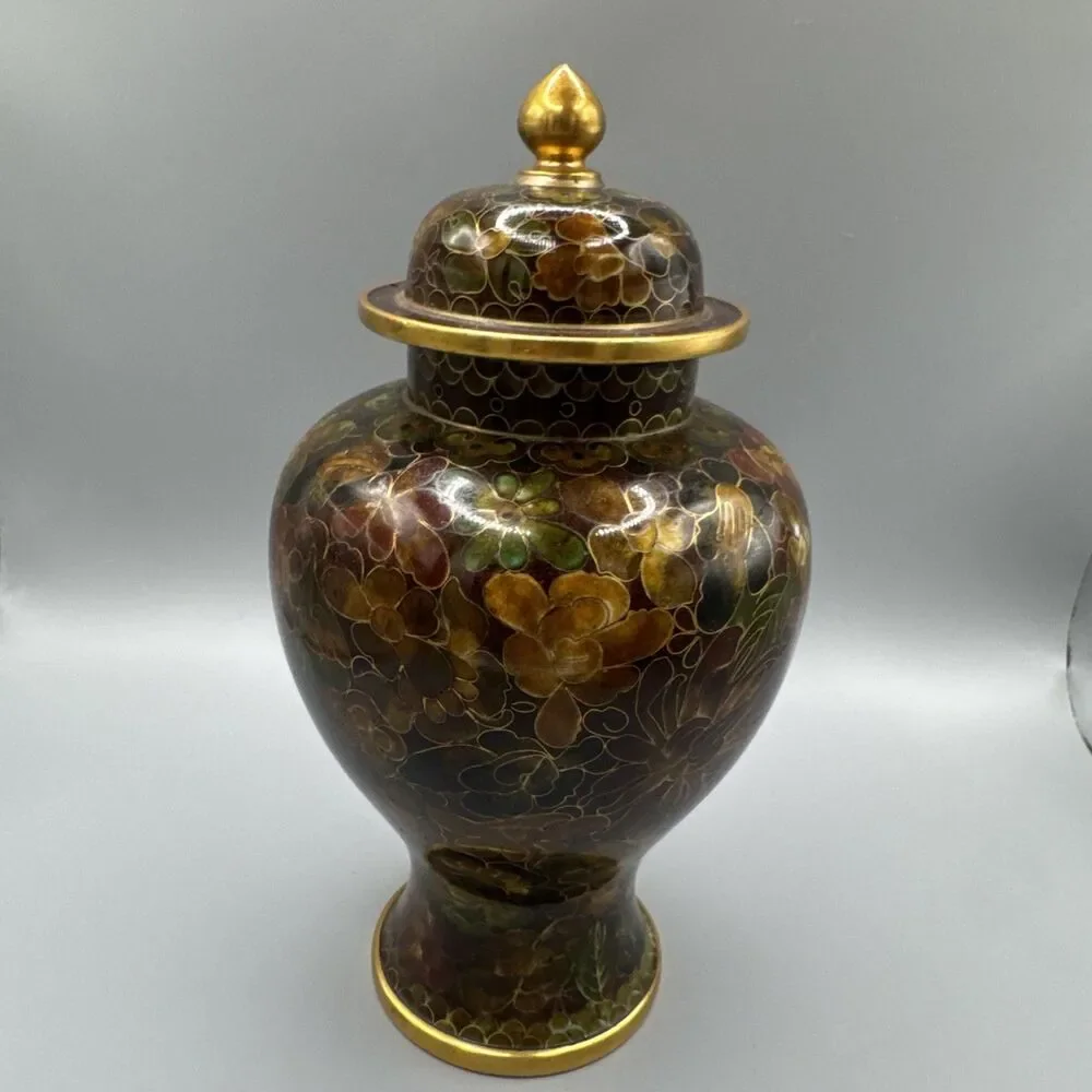 Elegant 8.5” VNT Chinese Thousand Flower Millefleur Cloisonne Brass Ginger Jar